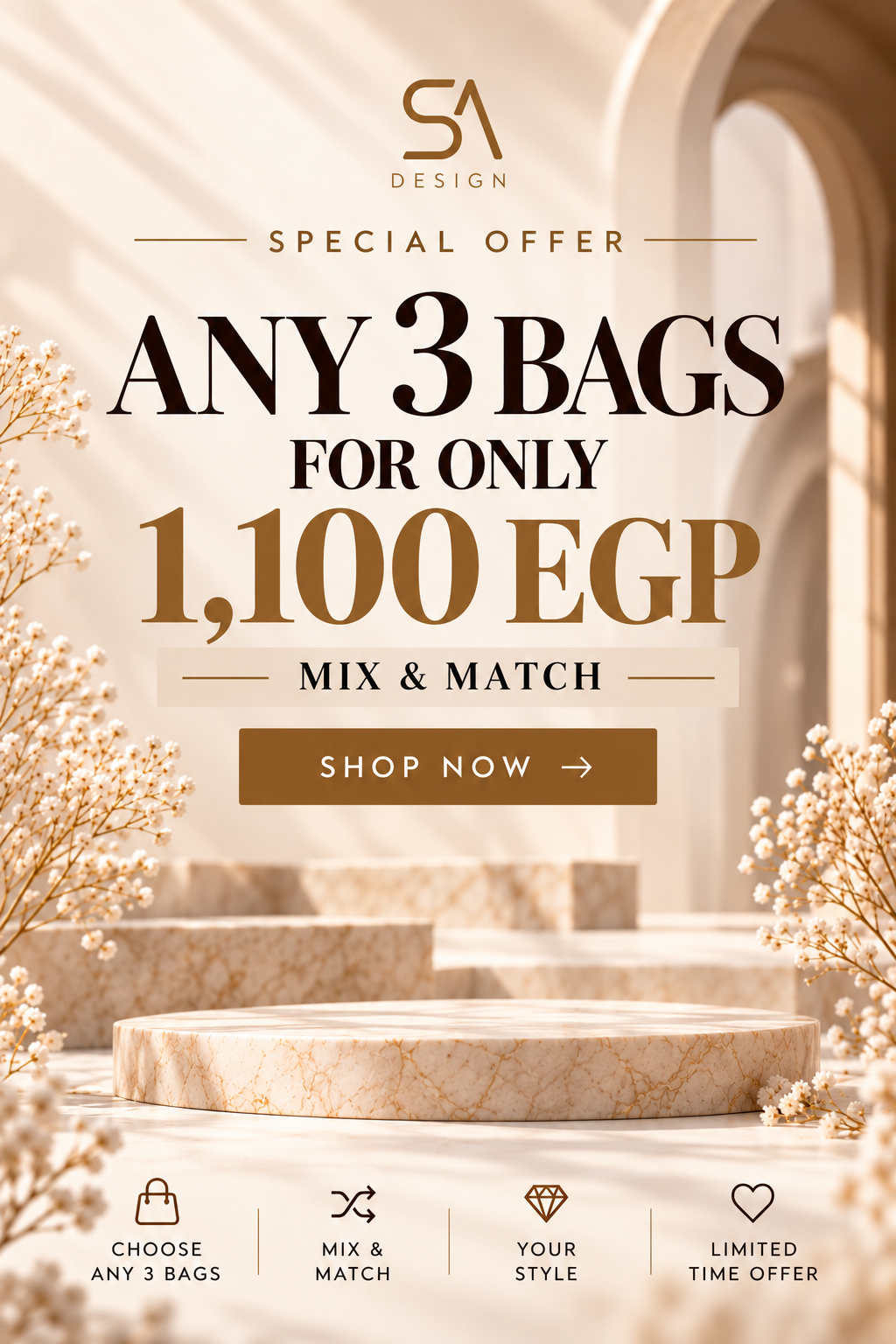 Any 3 bags for only 1,100 EGP — Mix & Match